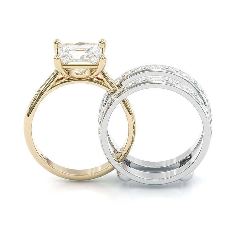 Jzora handmade princess cut two tone anniversary ring  wedding ring  silver bridal set