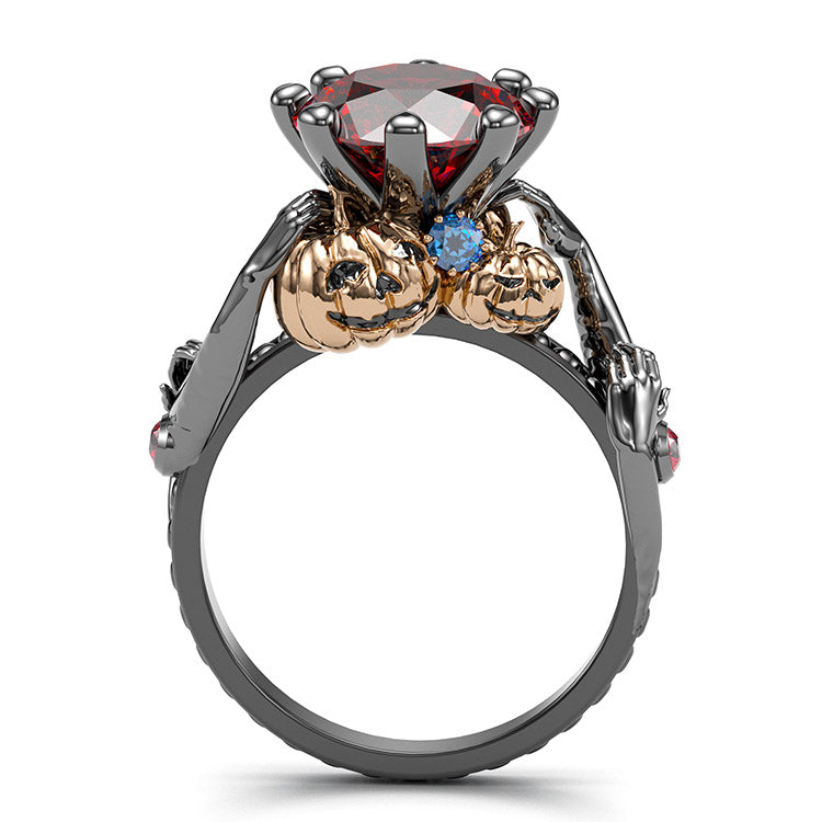 Jzora handmade round cut ruby diamond with gold pumpkin Halloween ring