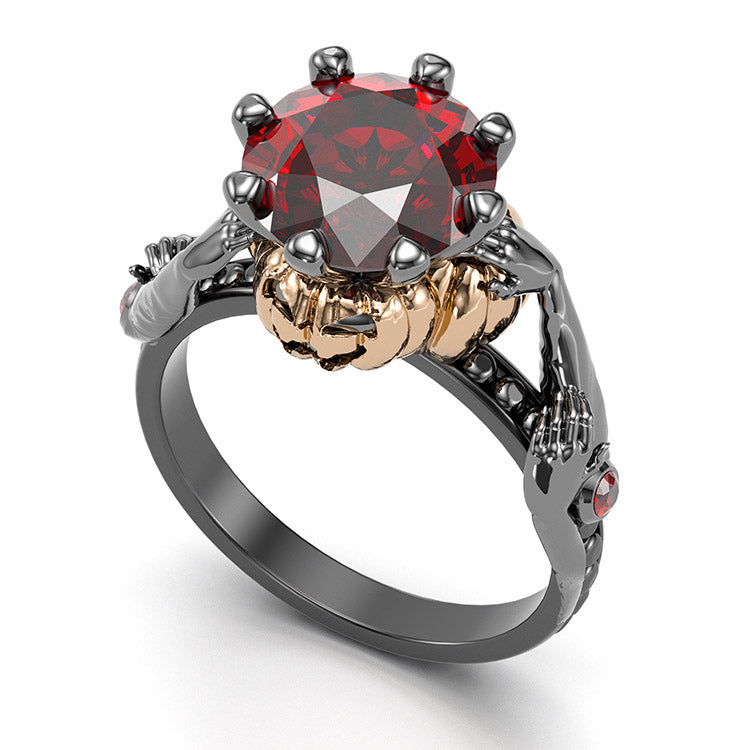 Jzora handmade round cut ruby diamond with gold pumpkin Halloween ring