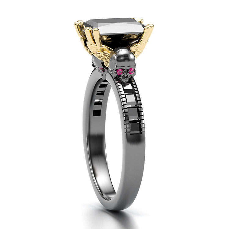 Jzora handmade radiant cut black diamond with three skulls Halloween ring