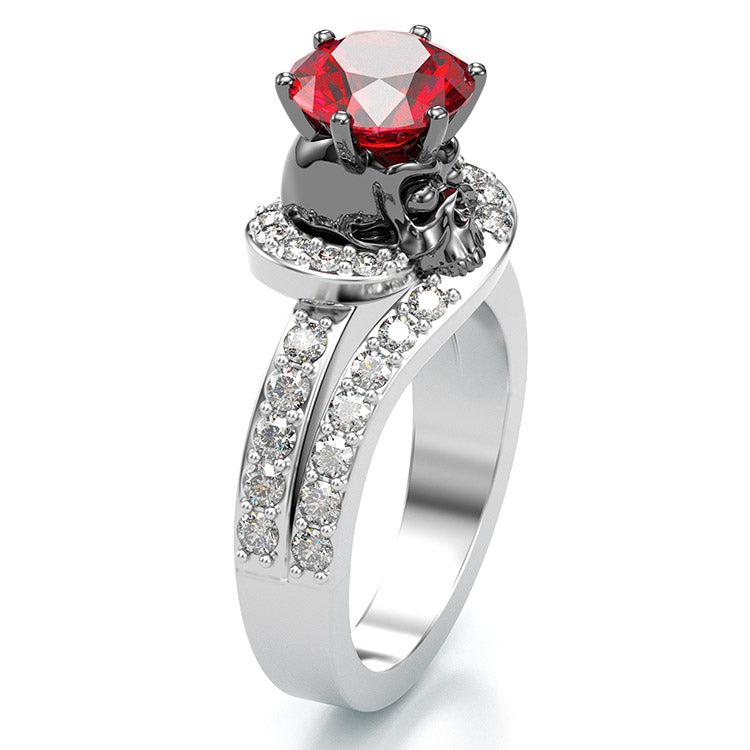Jzora handmade round cut ruby diamond with skull sterling silver Halloween ring