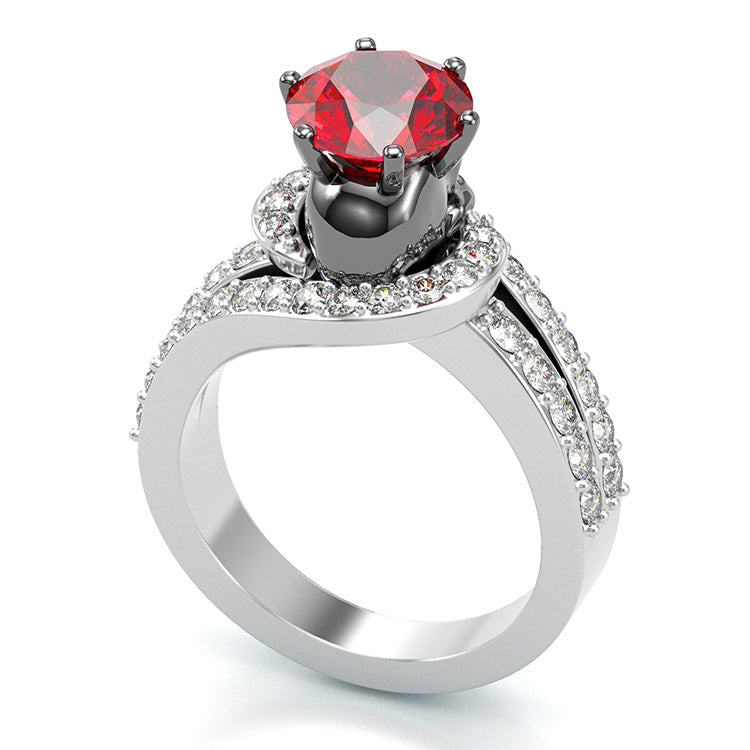 Jzora handmade round cut ruby diamond with skull sterling silver Halloween ring