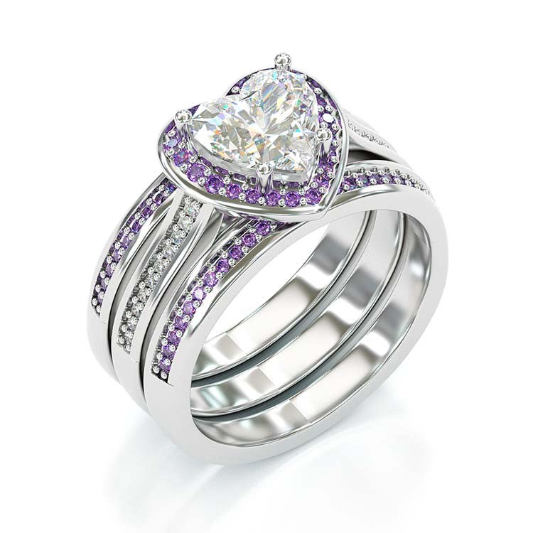 Jzora Vintage Heart Cut Amethyse Halo Handmade Created Diamond Sterling Silver Wedding Ring