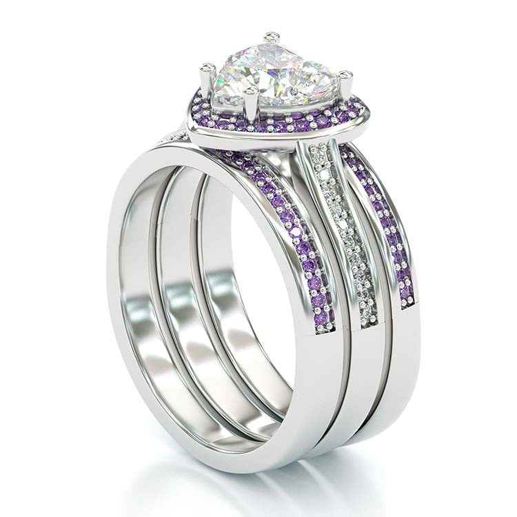 Jzora Vintage Heart Cut Amethyse Halo Handmade Created Diamond Sterling Silver Wedding Ring