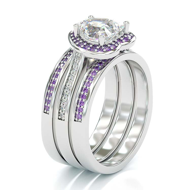Jzora Vintage Heart Cut Amethyse Halo Handmade Created Diamond Sterling Silver Wedding Ring