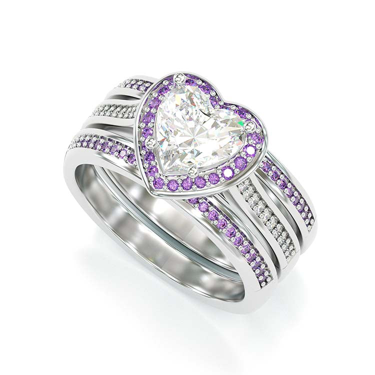 Jzora Vintage Heart Cut Amethyse Halo Handmade Created Diamond Sterling Silver Wedding Ring