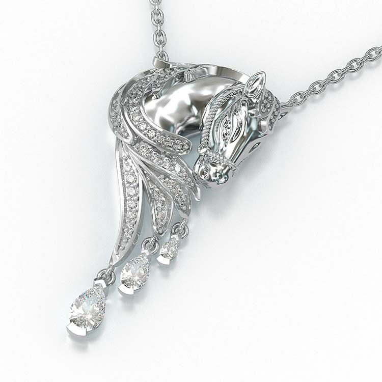 Jzora Handmade Classic Horse Sterling Silver Diamond Necklace