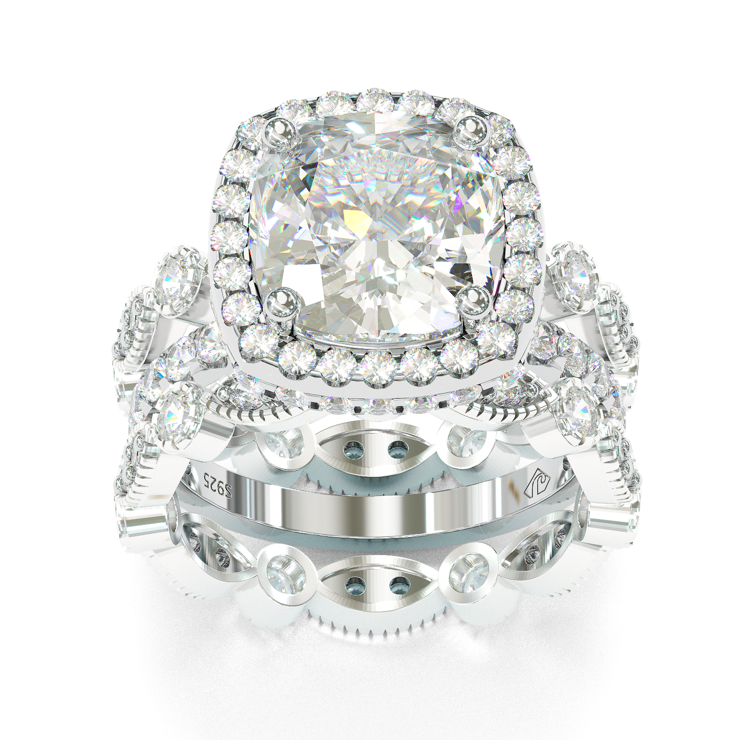Jzora handmade created diamond cushion cut sterling silver bridal set