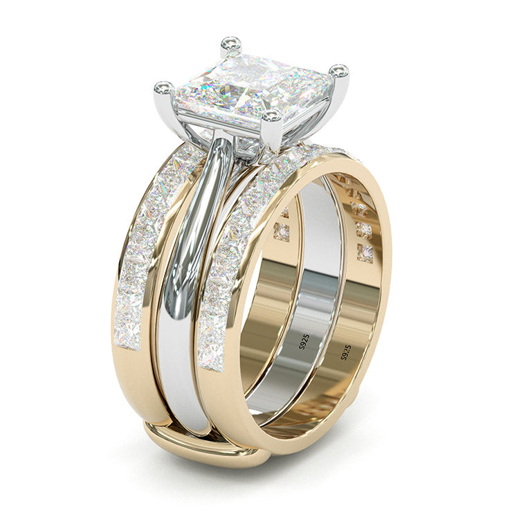 Jzora princess cut 2 pcs sterling silver two tone wedding ring bridal set