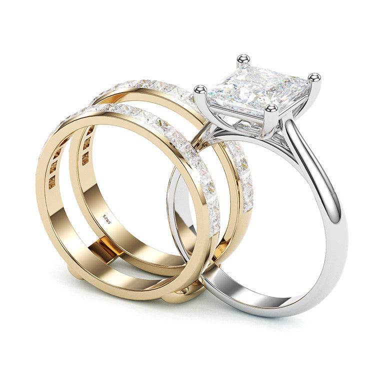 Jzora princess cut 2 pcs sterling silver two tone wedding ring bridal set