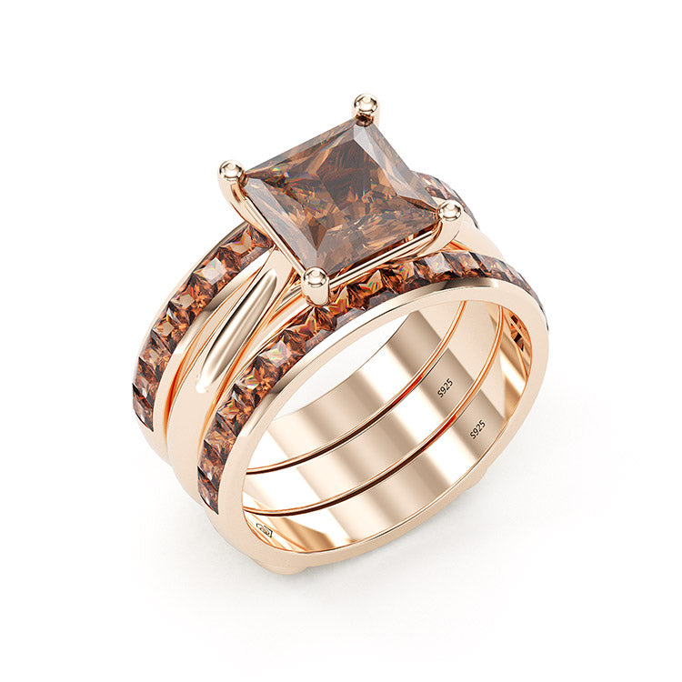 Jzora handmade princess cut two tone wedding ring bridal set