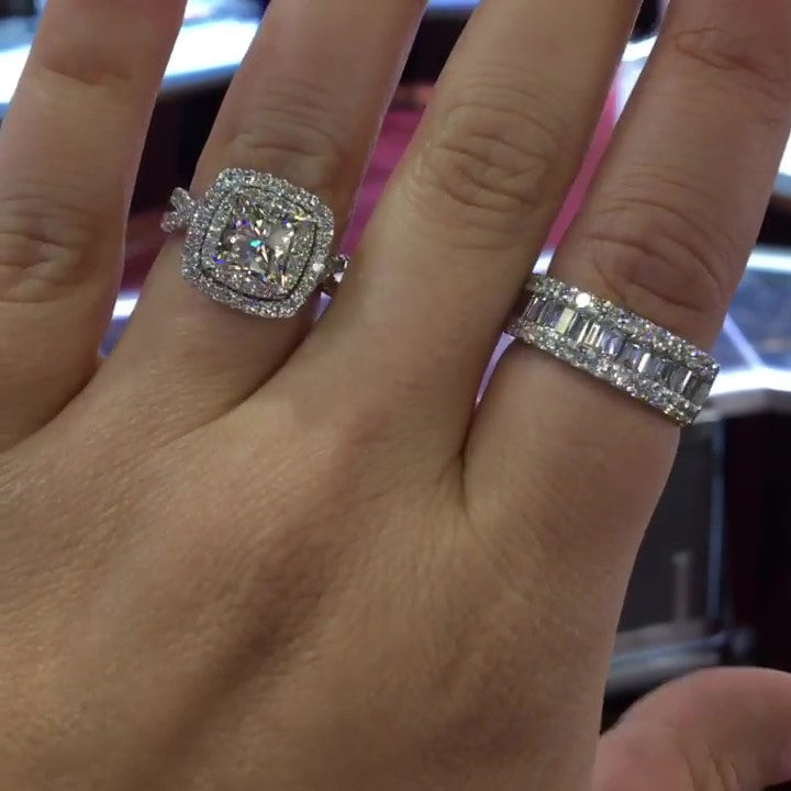Jzora handmade vintage princess cut diamond halo sterling silver bridal ring set