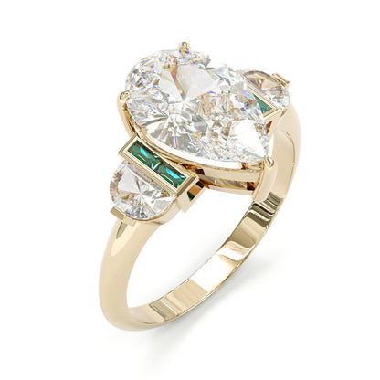 Jzora handmade gold-color pear cut with emerald accents sterling silver ring