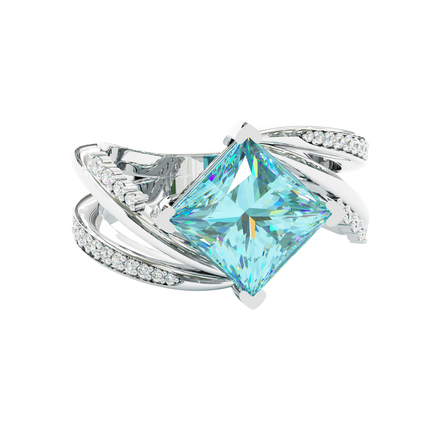 Jzora Handmade Mint Sky Blue Princess Cut Moissanite Twisted Wrap Pave Elegant Ring