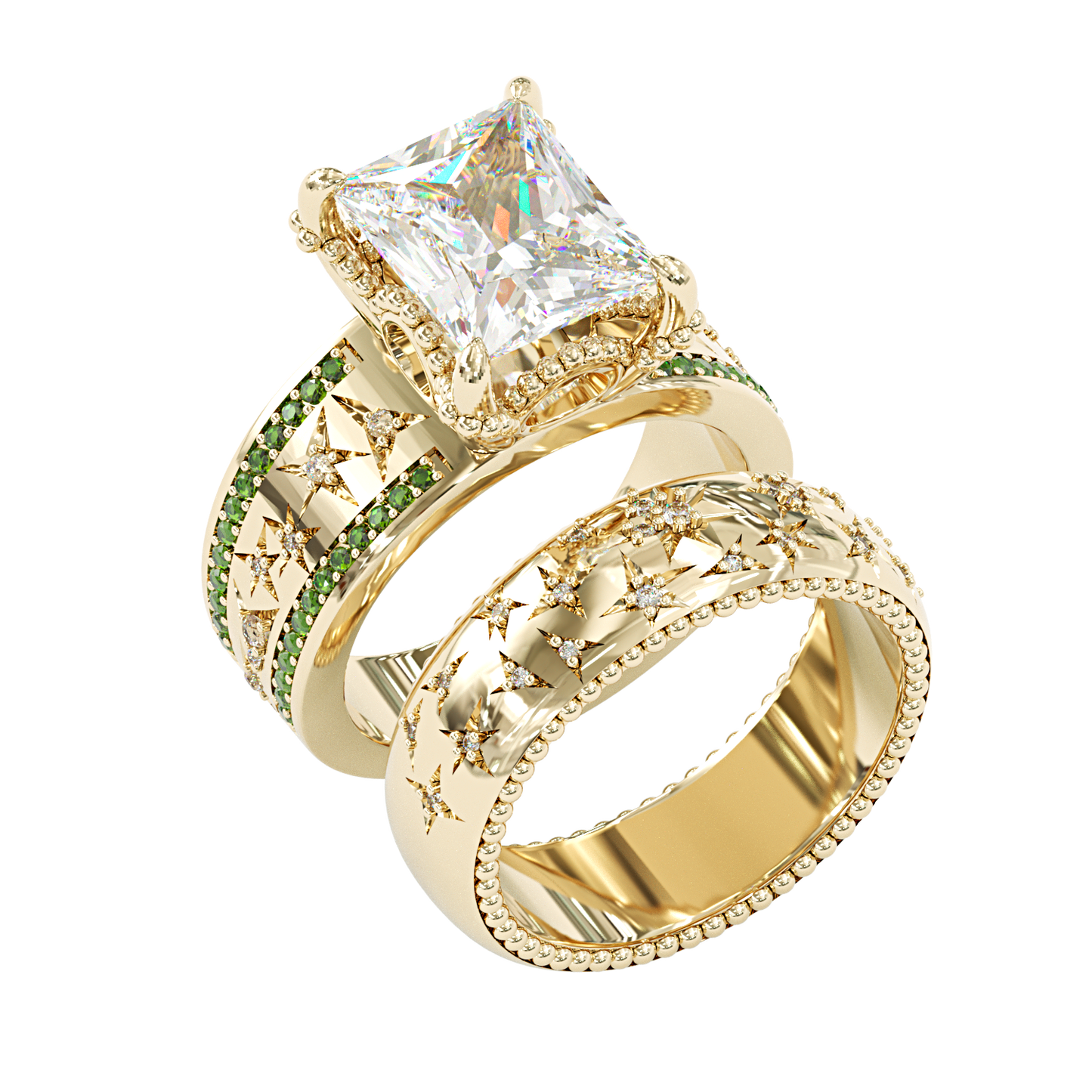 Jzora handmade emerald cut charming engraved sterling silver ring set