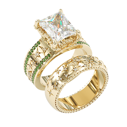 Jzora handmade emerald cut charming engraved sterling silver ring set