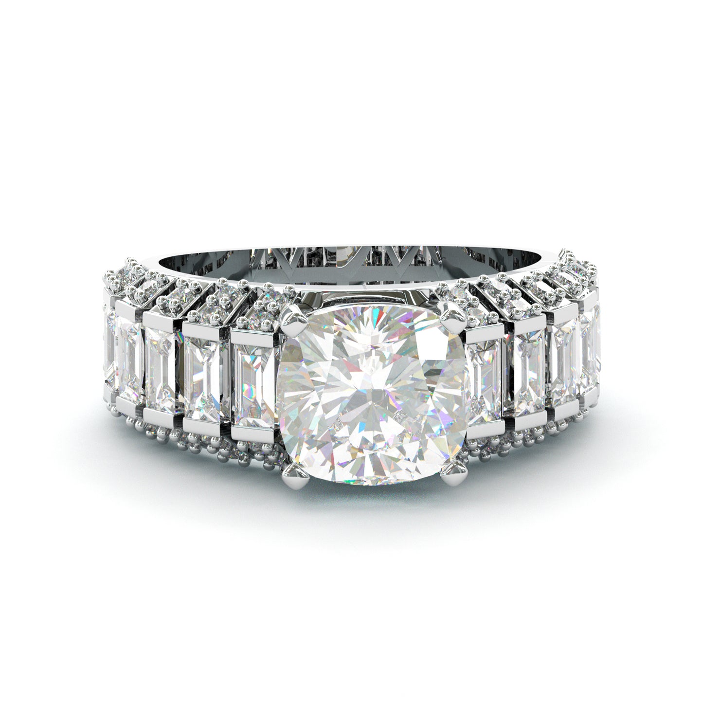 Jzora Handmade Luxury 5CT Cushion Cut & Baguette Cut Full Pave Brilliant Ring