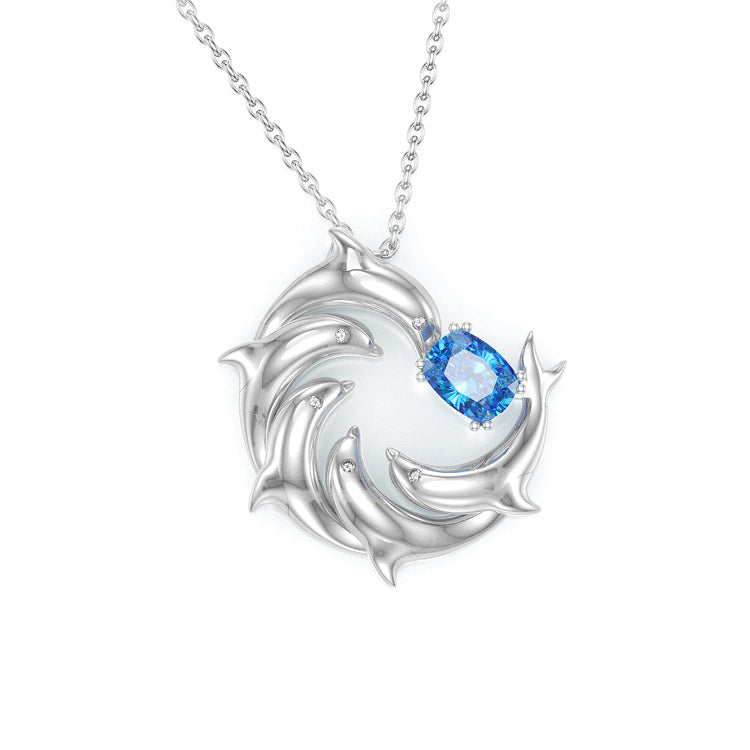 Jzora Handmade Dolphin Aqua Blue Cushion Cut Sterling Silver Diamond Necklace