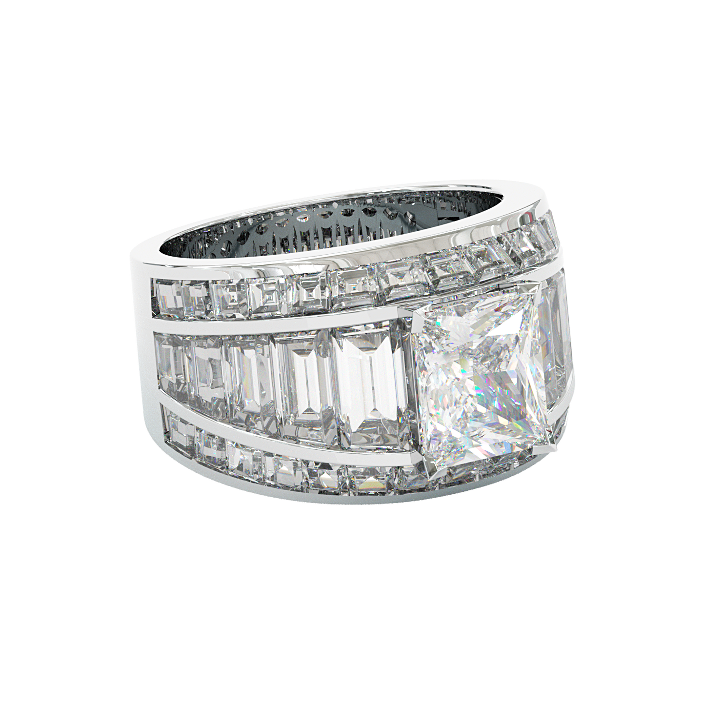 Jzora Handmade Radiant Cut Moissanite & Baguette CZ Full Pave Wedding Statement Ring