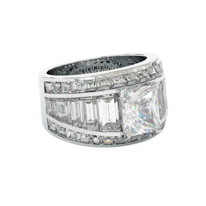 Jzora Handmade Radiant Cut Moissanite & Baguette CZ Full Pave Wedding Statement Ring