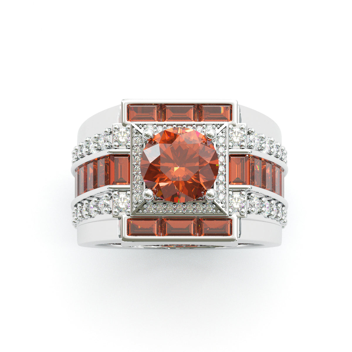 Jzora Handmade Round Cut Orange Red Baguette Accent Men’s Luxury Wedding Ring
