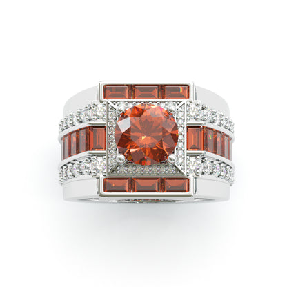 Jzora Handmade Round Cut Orange Red Baguette Accent Men’s Luxury Wedding Ring