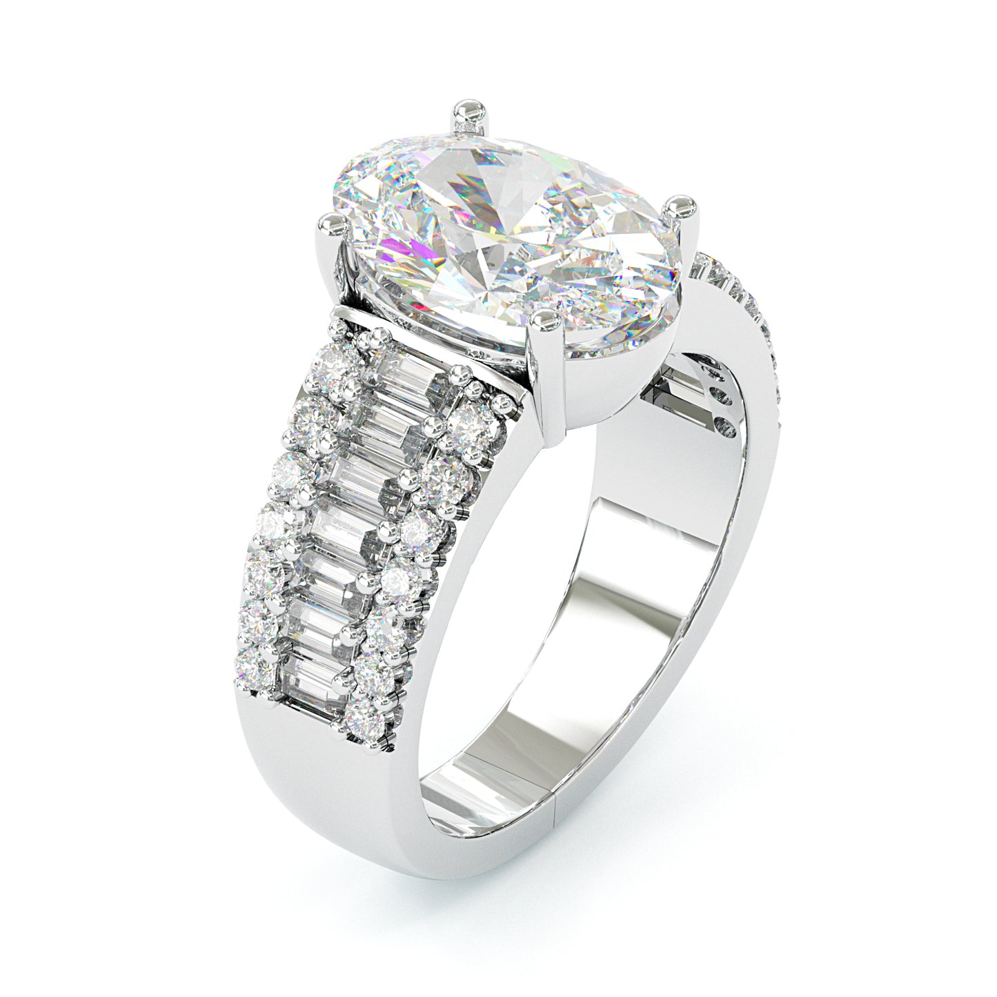 Jzora handmade classic 4ct oval cut baguette pavé sparkling ring
