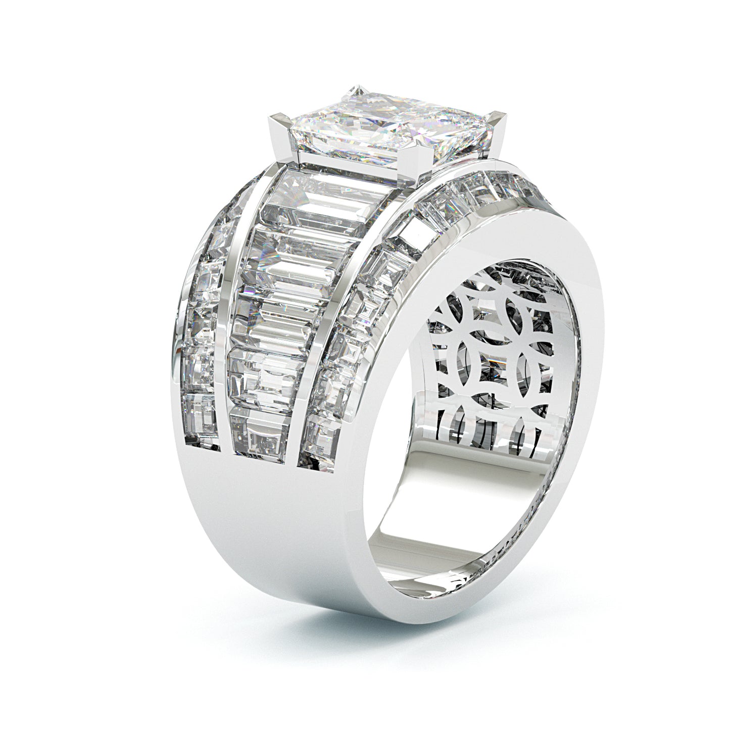 Jzora Handmade Radiant Cut Moissanite & Baguette CZ Full Pave Wedding Statement Ring