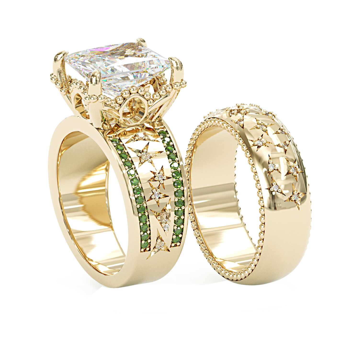 Jzora handmade emerald cut charming engraved sterling silver ring set