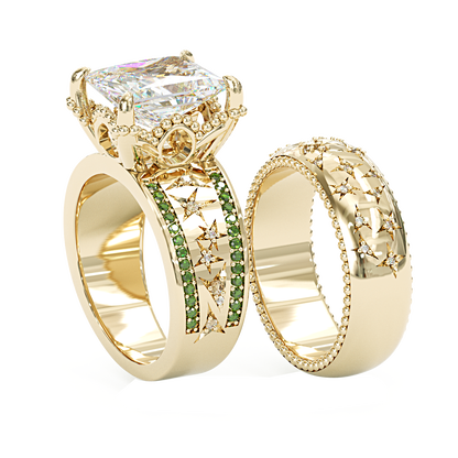 Jzora handmade emerald cut charming engraved sterling silver ring set