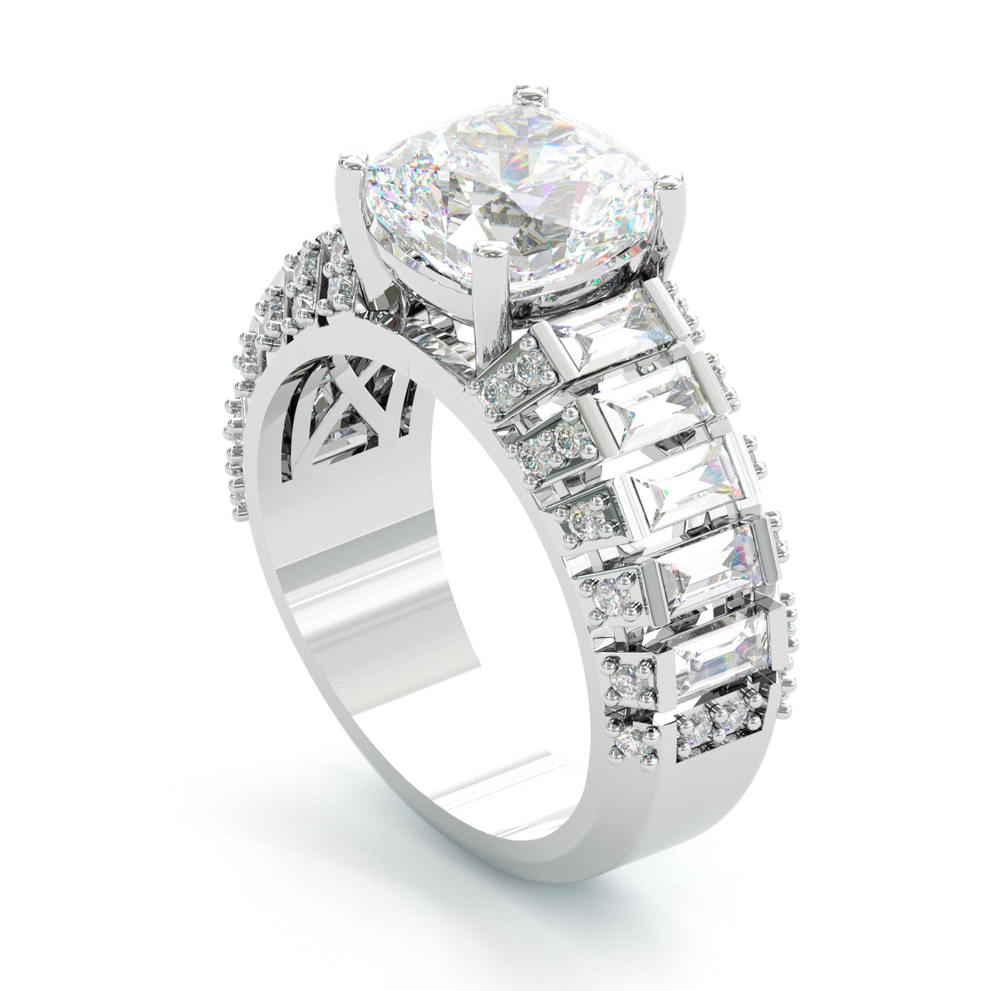 Jzora Handmade Luxury 5CT Cushion Cut & Baguette Cut Full Pave Brilliant Ring