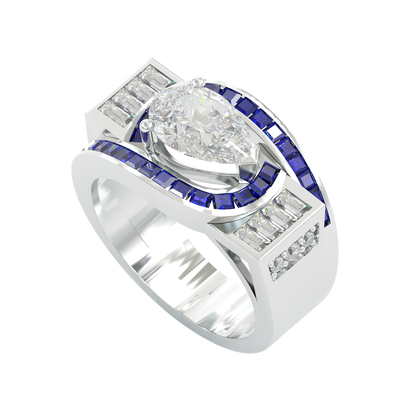 Jzora handmade geometric halo sapphire-inlaid pear-cut statement ring