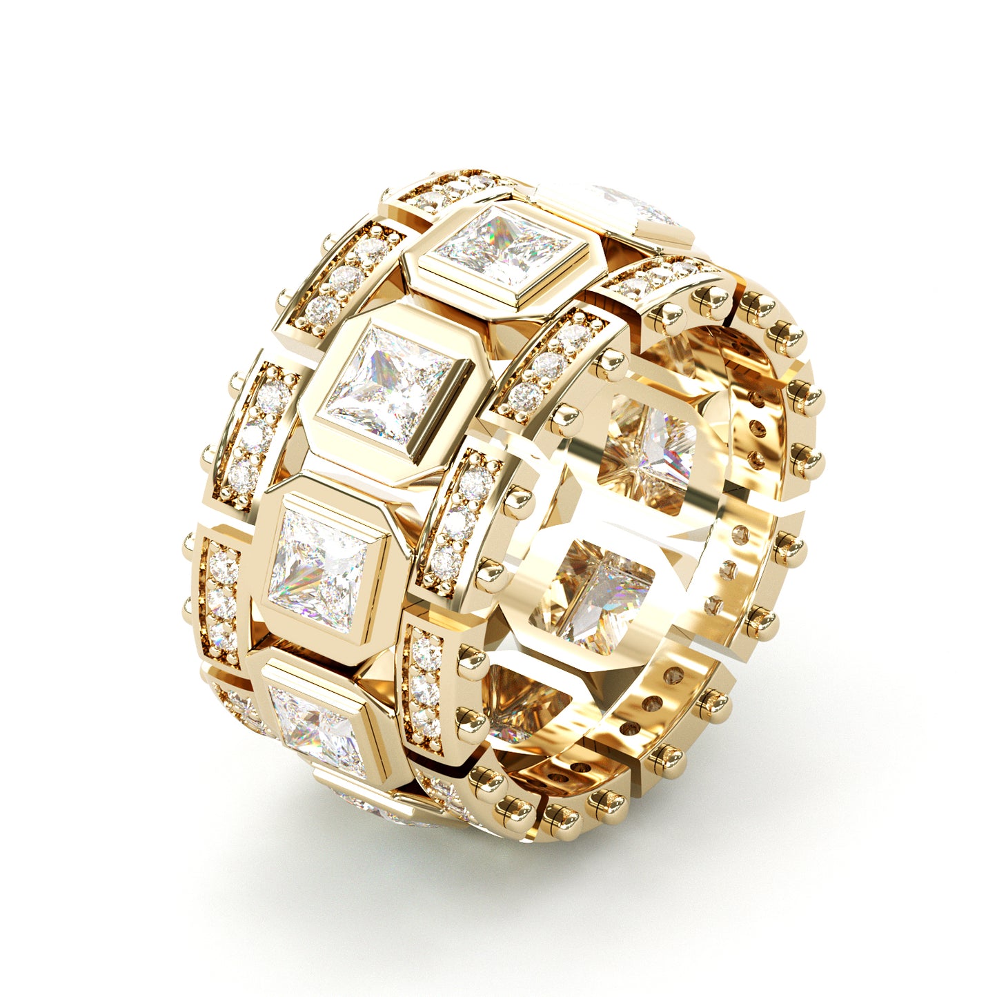 Jzora handmade bold square-link princess stone full-iced men’s band ring