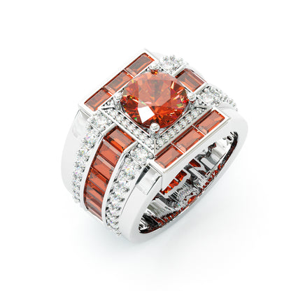Jzora Handmade Round Cut Orange Red Baguette Accent Men’s Luxury Wedding Ring
