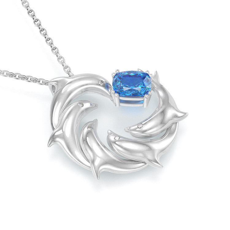Jzora Handmade Dolphin Aqua Blue Cushion Cut Sterling Silver Diamond Necklace
