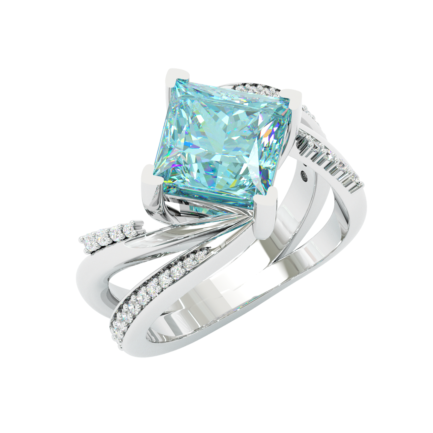 Jzora Handmade Mint Sky Blue Princess Cut Moissanite Twisted Wrap Pave Elegant Ring