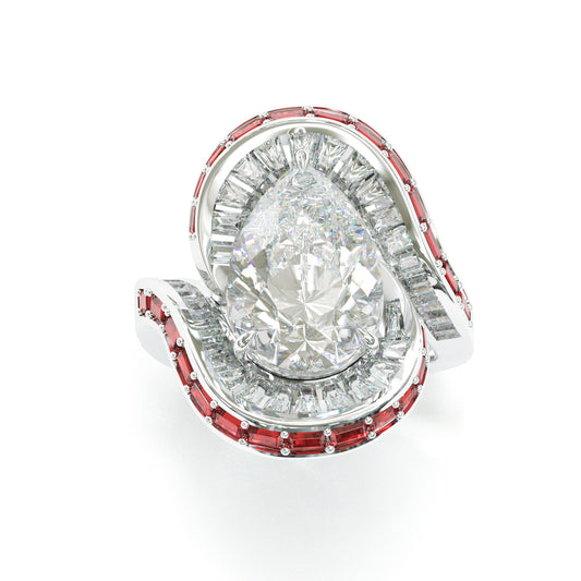 Jzora handmade Pear Shape Baguette Halo & Red Enamel Frame Ring