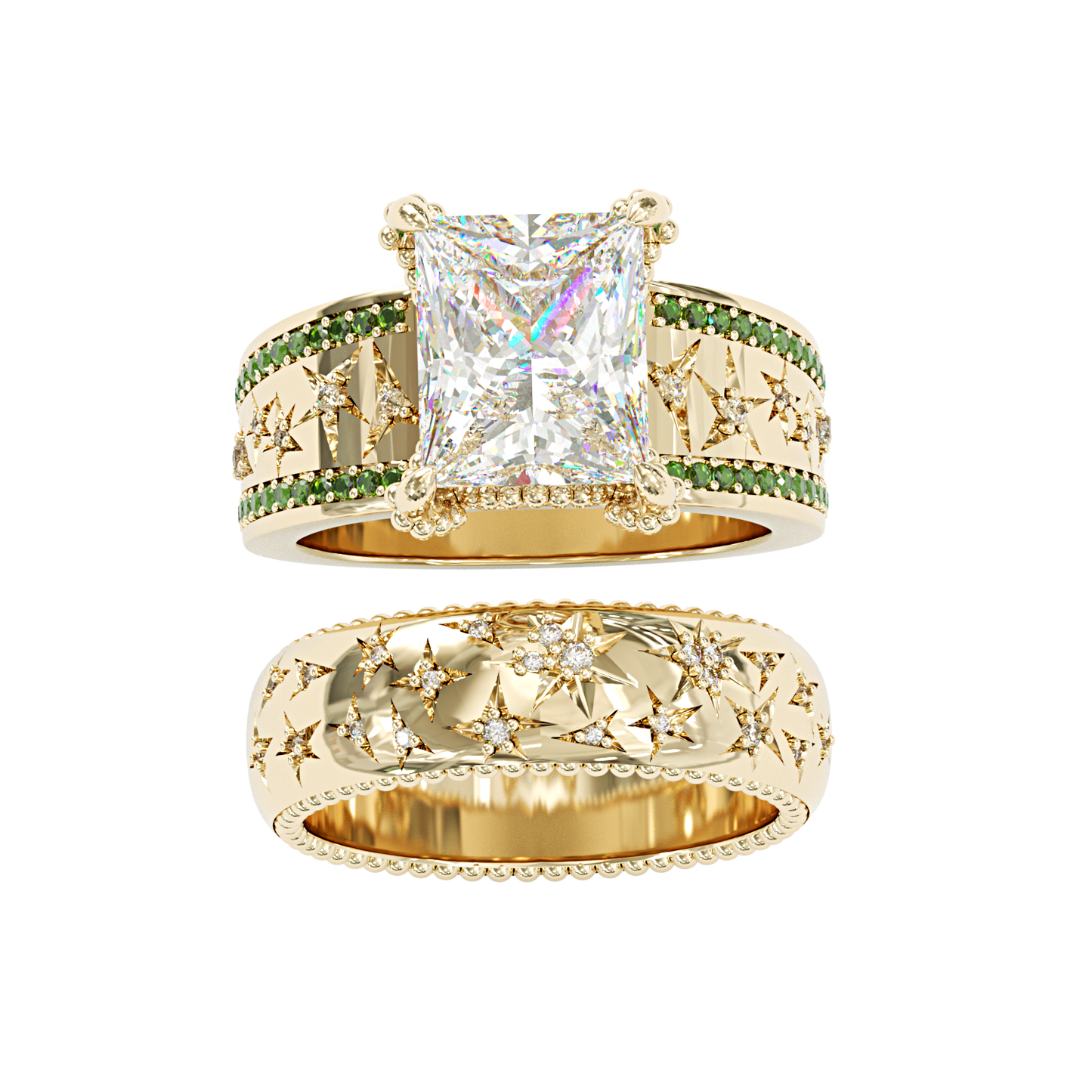 Jzora handmade emerald cut charming engraved sterling silver ring set