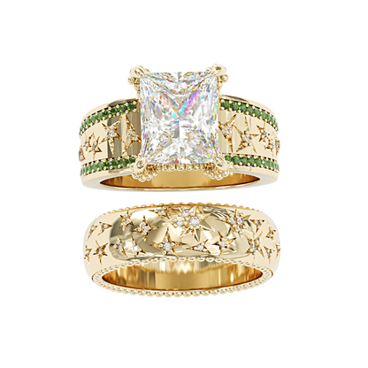 Jzora handmade emerald cut charming engraved sterling silver ring set