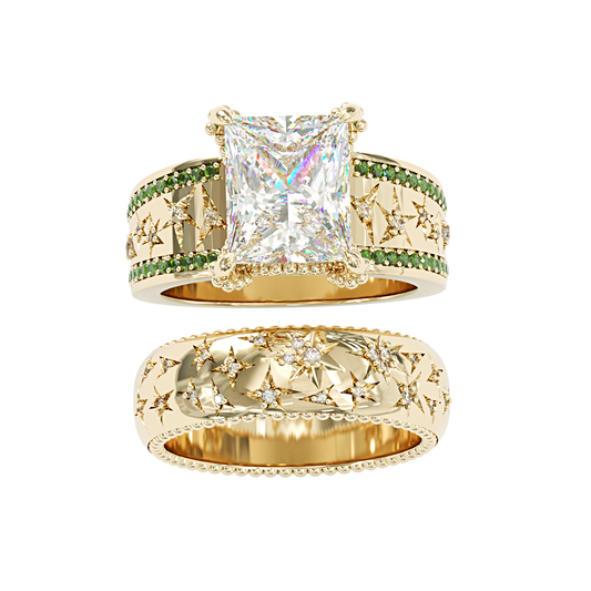 Jzora handmade emerald cut charming engraved sterling silver ring set