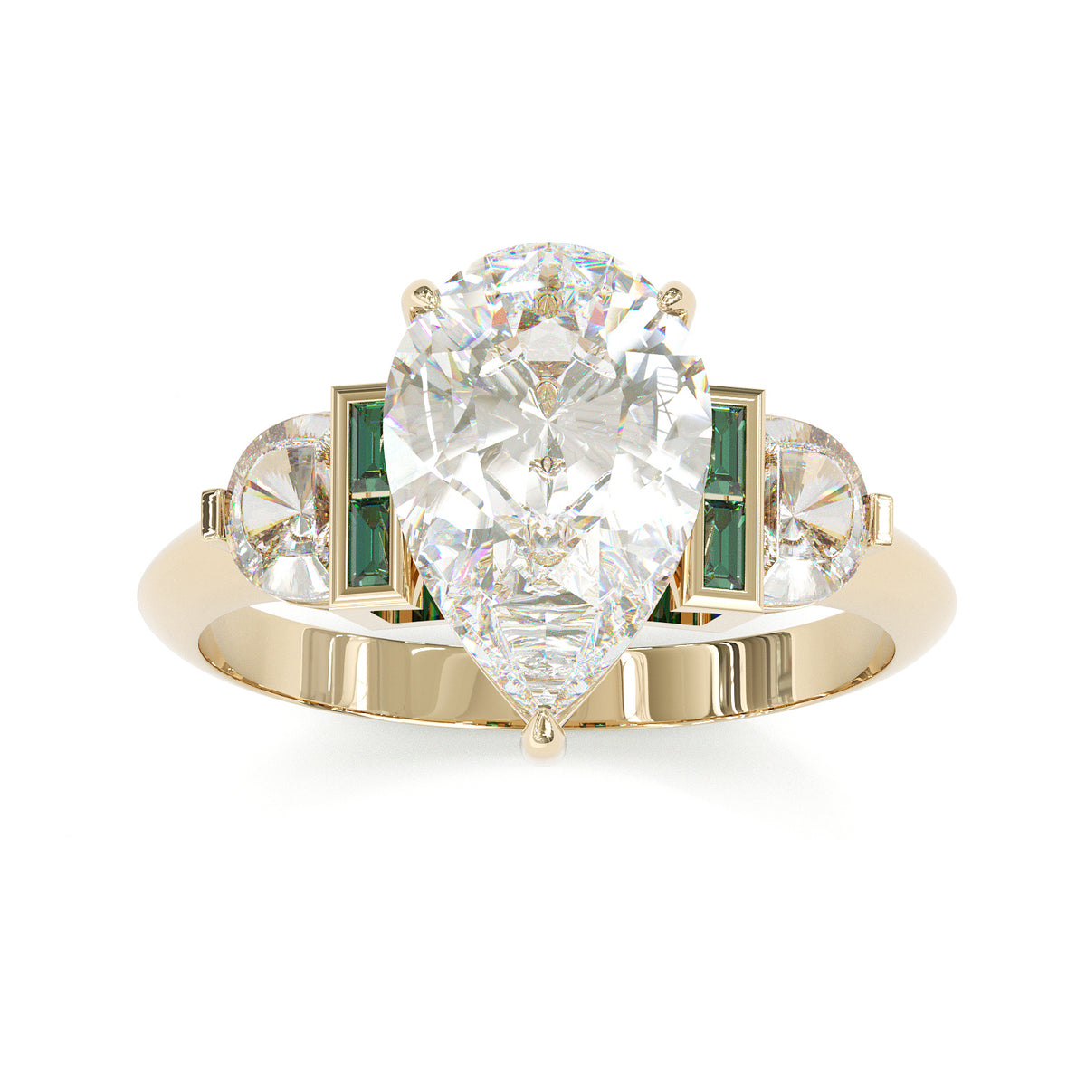 Jzora handmade gold-color pear cut with emerald accents sterling silver ring
