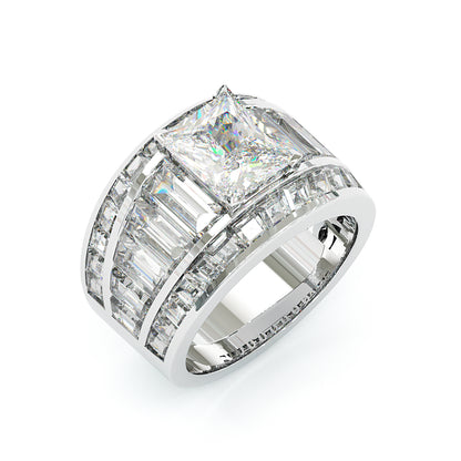 Jzora Handmade Radiant Cut Moissanite & Baguette CZ Full Pave Wedding Statement Ring