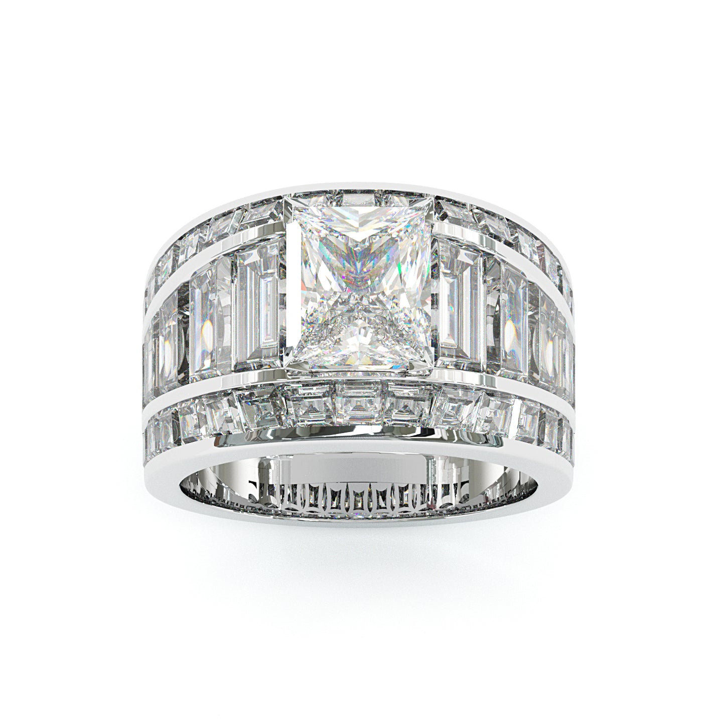 Jzora Handmade Radiant Cut Moissanite & Baguette CZ Full Pave Wedding Statement Ring