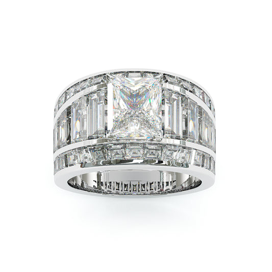 Jzora Handmade Radiant Cut Moissanite & Baguette CZ Full Pave Wedding Statement Ring