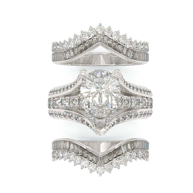 Jzora handmade 2ct pear cut sterling silver 3pcs wedding ring set
