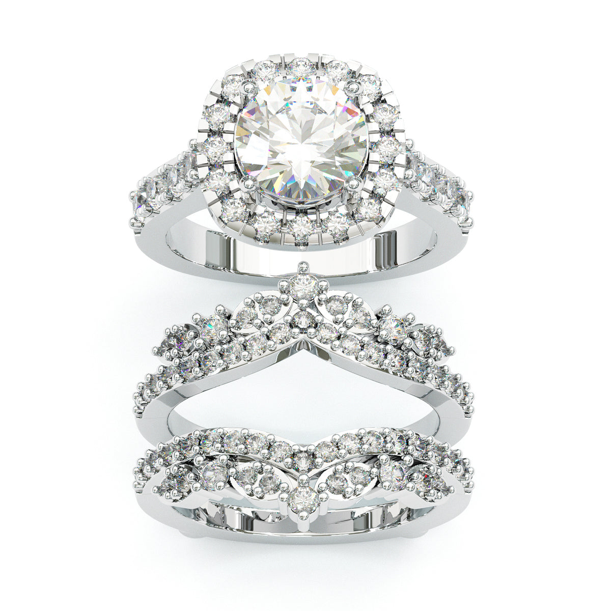 Jzora handmade 2ct round cut halo sterling silver ring set