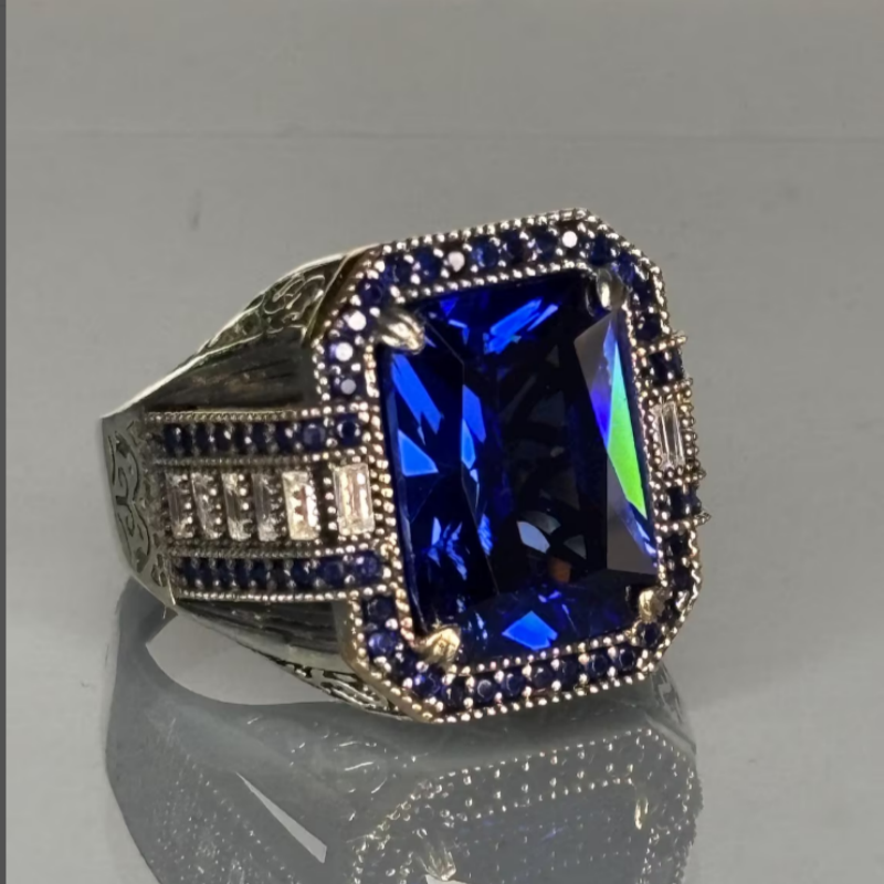 Jzora handmade vintage-style radiant cut blue sapphire men’s ring