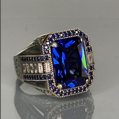 Jzora handmade vintage-style radiant cut blue sapphire men’s ring