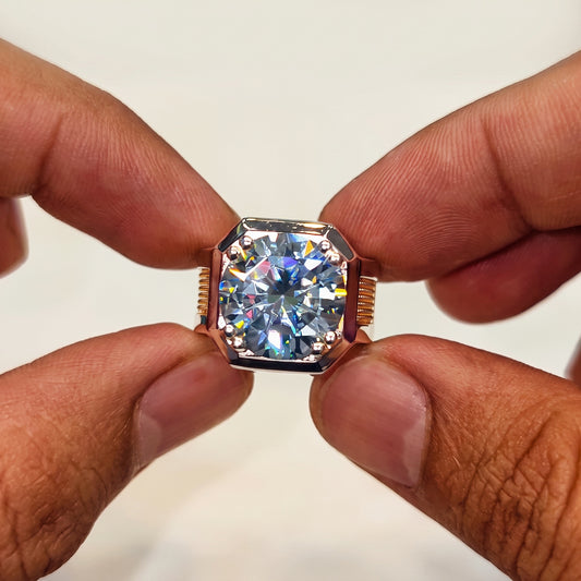 Jzora Handmade 10CT Round Cut Light Blue Moissanite Solitaire Men’s Wide Band Ring