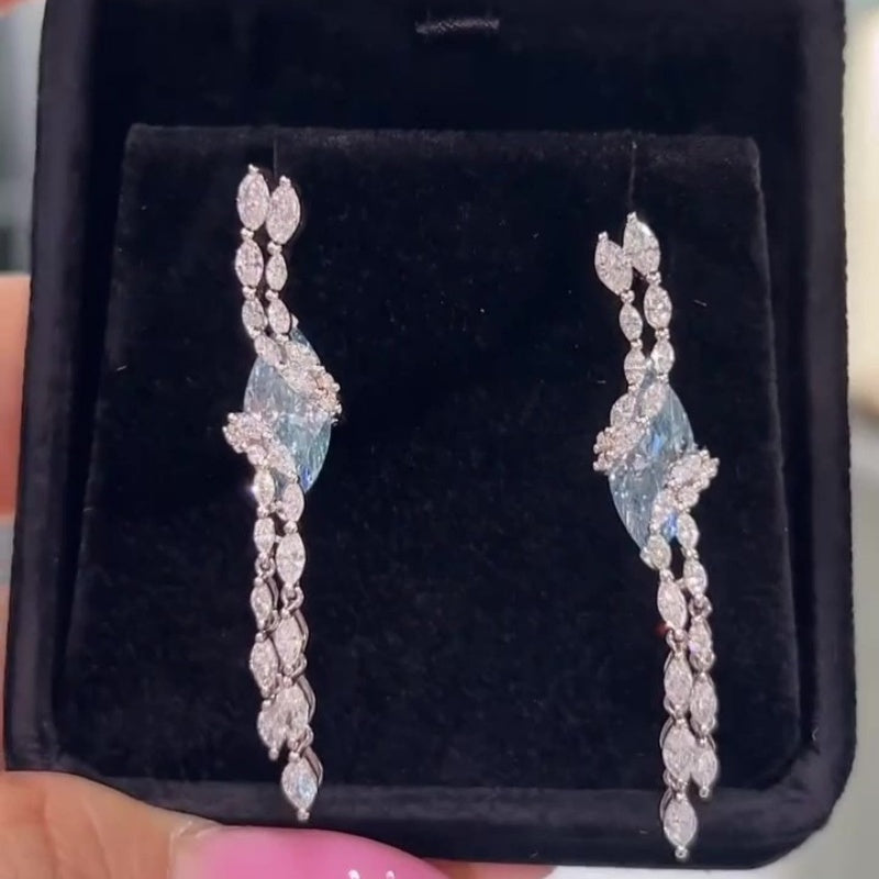 Jzora handmade marquise blue CZ tassel drop earrings